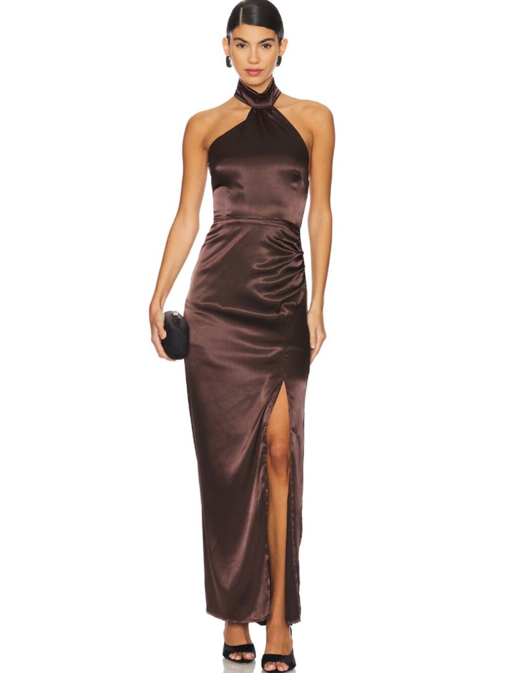 NEW MORE TO COME Darcey Maxi Dress in Dark Brown Satin Silk Halter Formal Gown